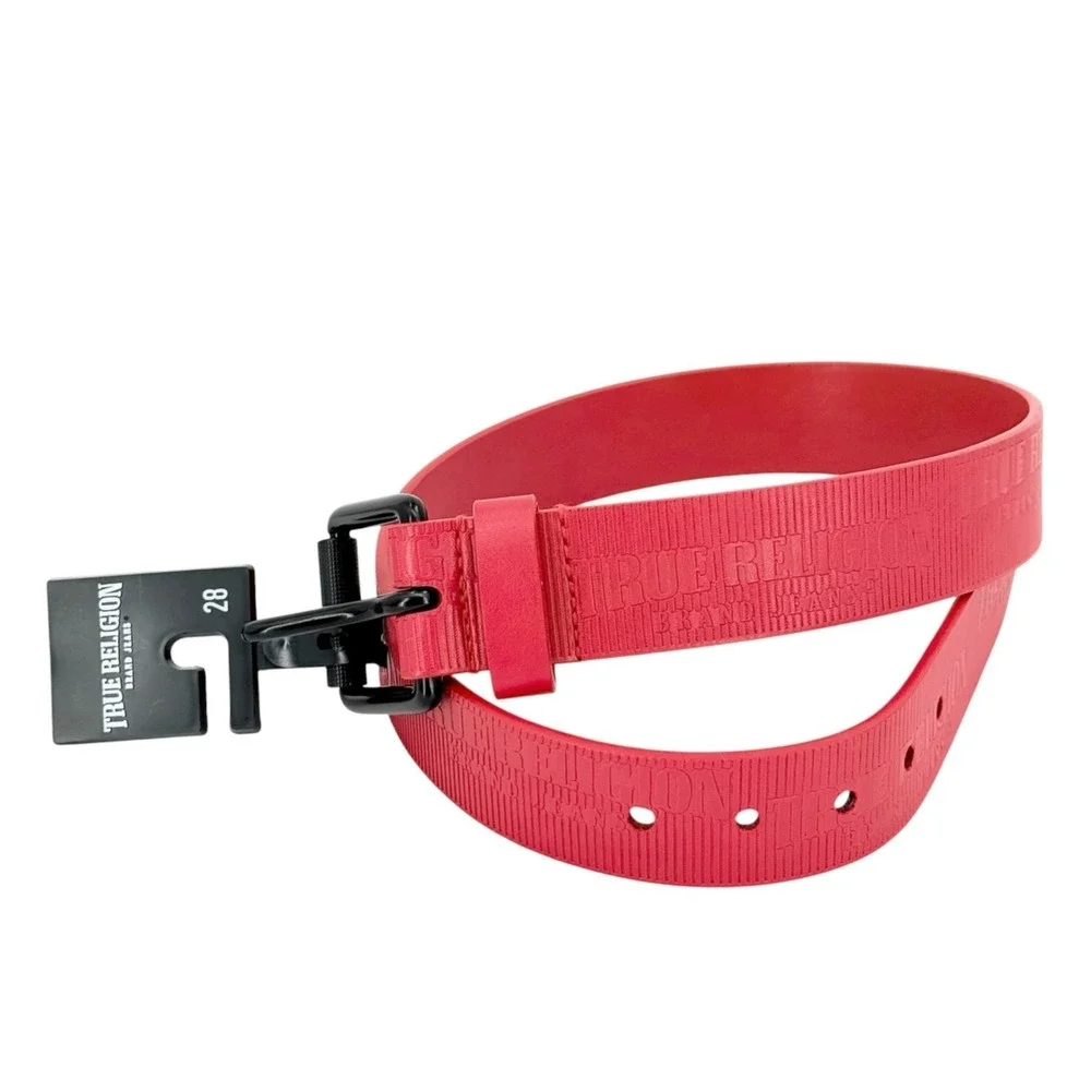 True Religion Mens Red Belt Textured Logo Roller Buckle Faux Leather Size 28 NWT